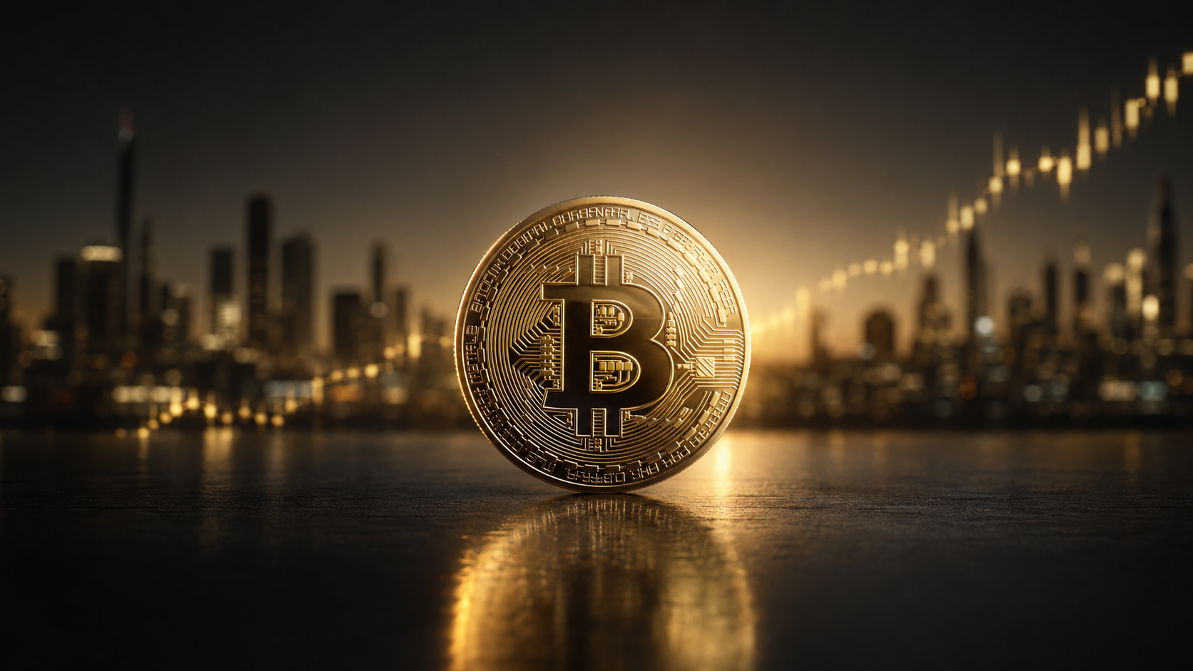 暗い都市の夜景と上昇チャートを背景に置かれたビットコイン
