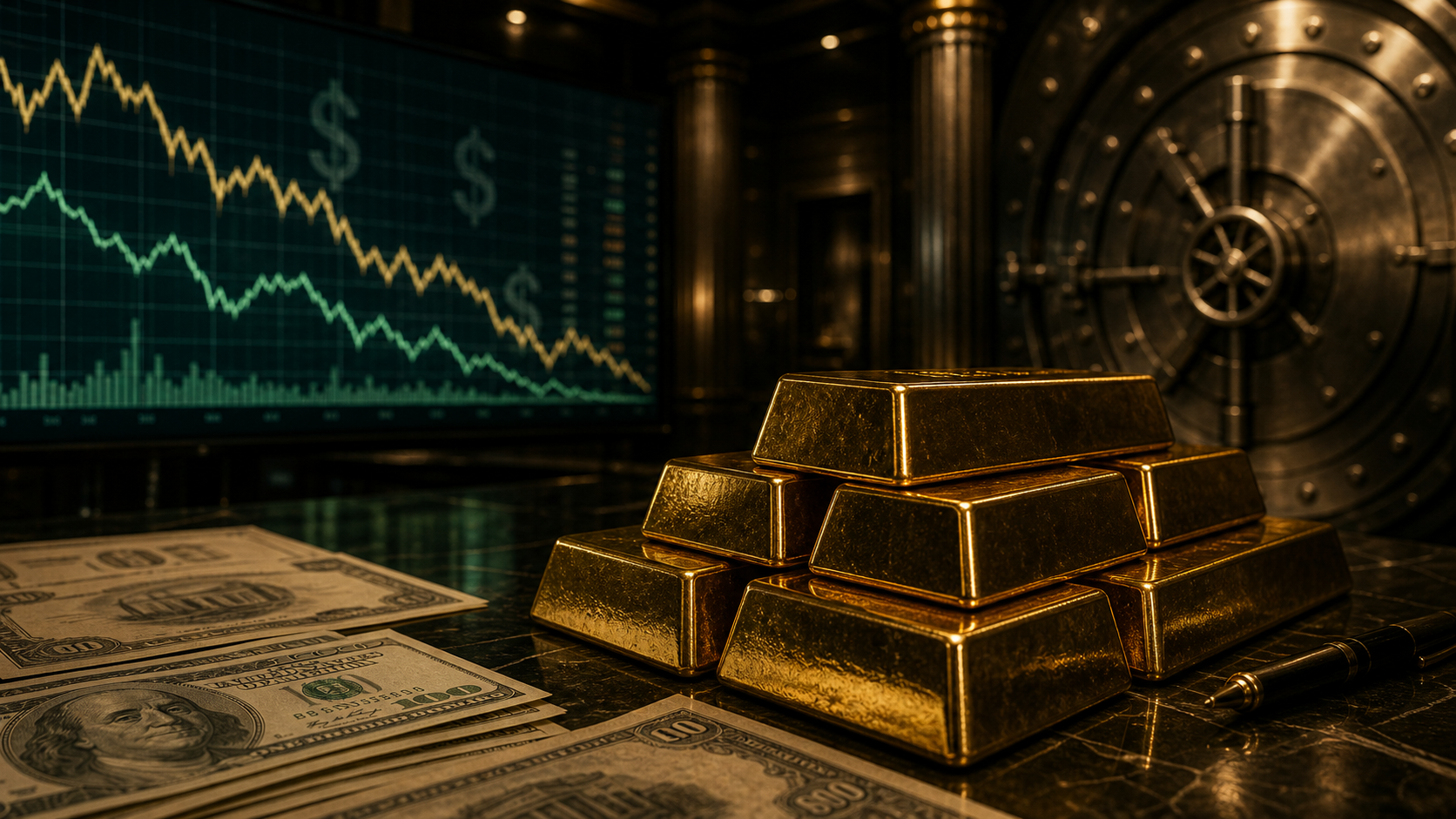 Editorial cover showing gold bars, U.S. dollars, a vault, and a market screen