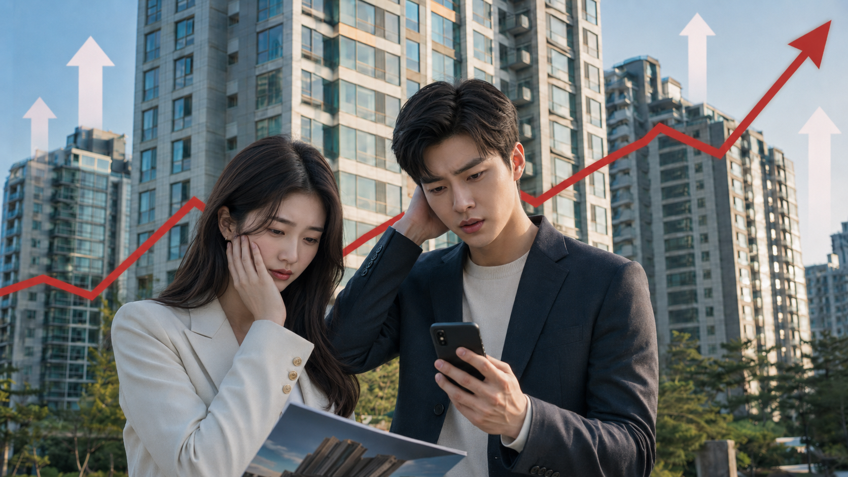 Una joven pareja coreana consulta el precio de la vivienda frente a grandes bloques de apartamentos