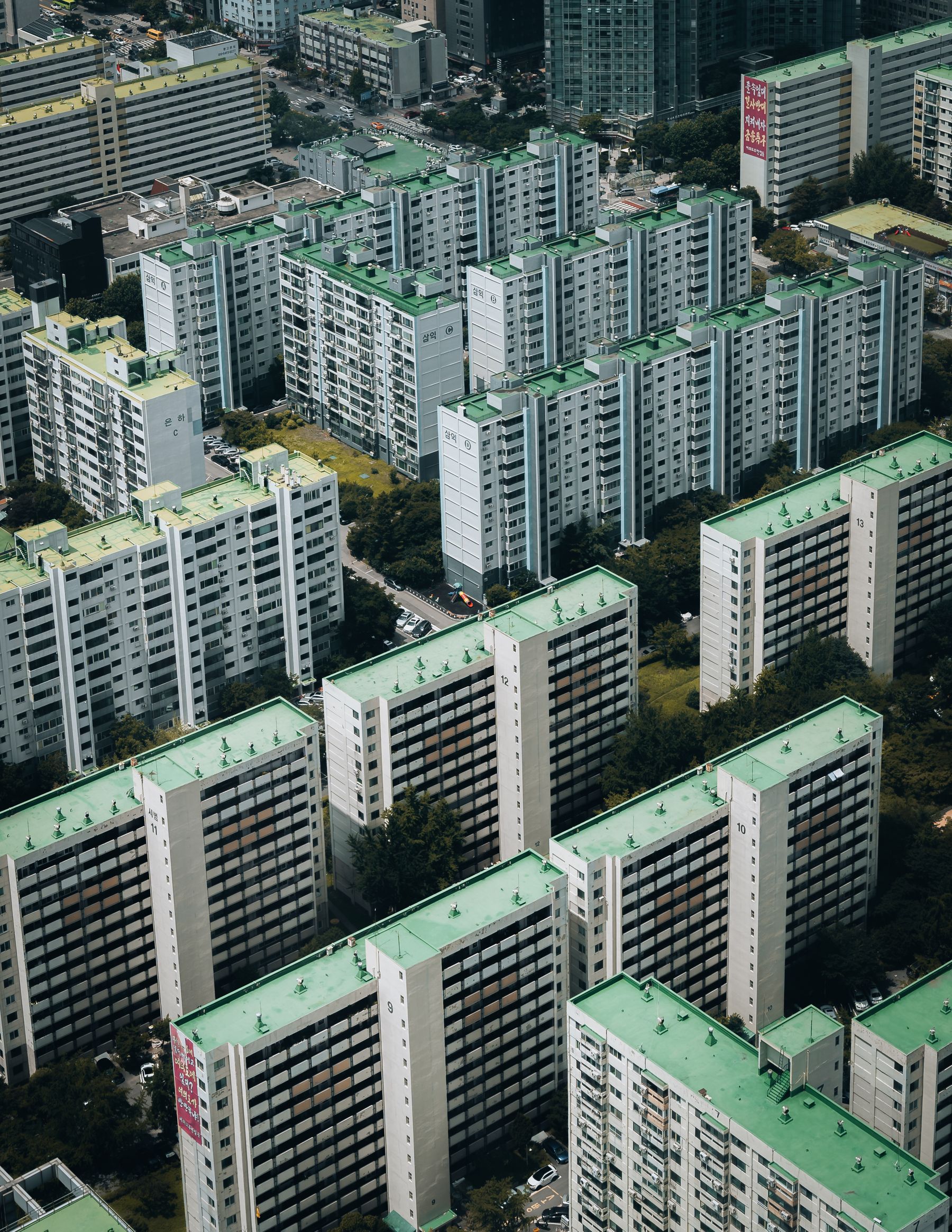 Grandes conjuntos de apartamentos coreanos vistos desde el aire