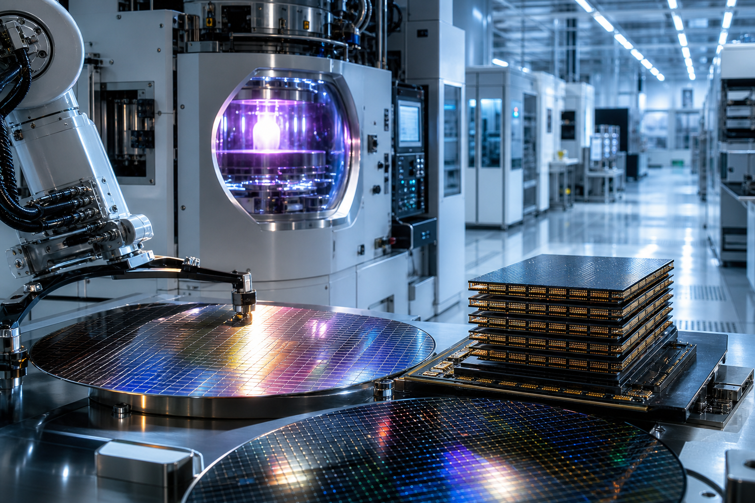 Editorial image for Lam Research analysis showing a plasma etch chamber, silicon wafers, and stacked AI memory modules